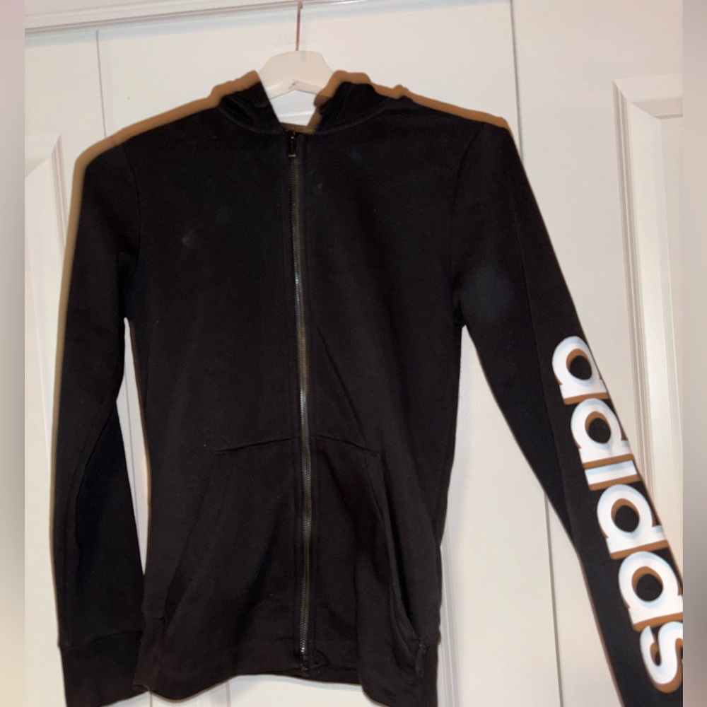 Adidas Zip Up Black Jacket with White writing on the side with Hoodie